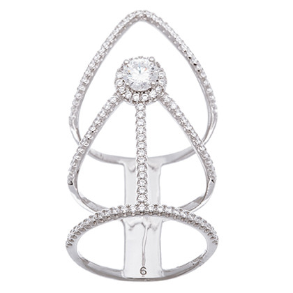 anillo abierto alargado piedra central blanca y piedras alrededor