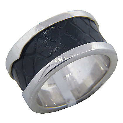 Anillo plata, cuero, dos picos, desplazado, grande, rodinado, platabella