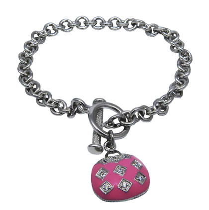 pulsera eslabonada con dije cartera esmaltado rosa con piedras