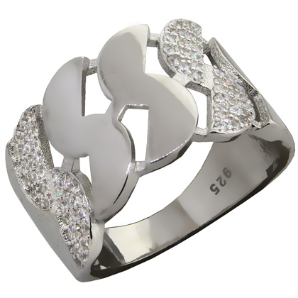 anillo ancho, ondeado, piedras blancas