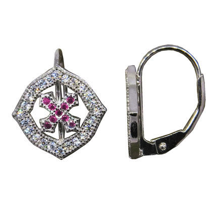 Par aros cruz central piedras fucsia, piedras blancas alrededor, cierre brisura