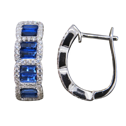 Par aros tipo argolla piedras baguettes azules, piedras redondas blancas
