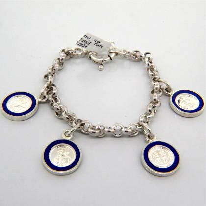 pulsera eslabones,colgantes religiosos,esmalte azul ( san Jorge, san Benito, sagrado corazon, Espiritu Santo )