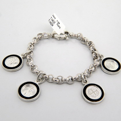 pulsera eslabones,colgantes religiosos,esmalte negro ( san Jorge, san Benito, sagrado corazon, Espiritu Santo )