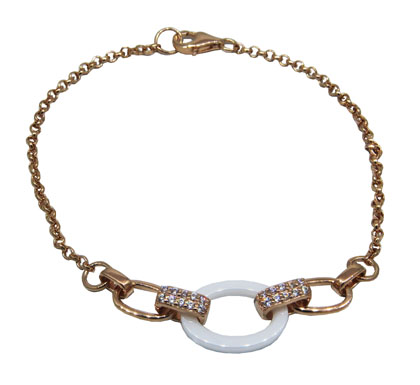 pulsera centro ceramica blanca piedras a los costados, enchapado rosado