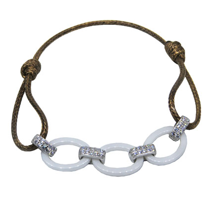 pulsera eslabones ceramica blanca, piedras, tiento marron