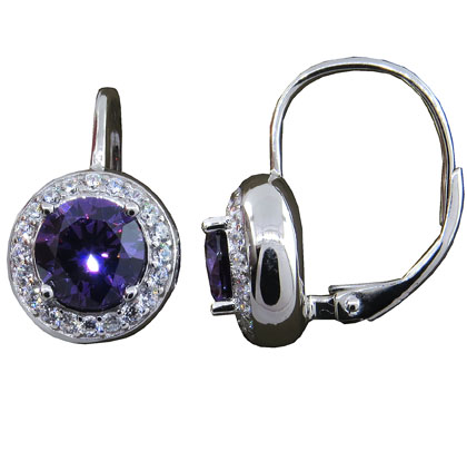 Par aros redondos piedra central violeta, y piedras blancas alrededor, cierre brisura