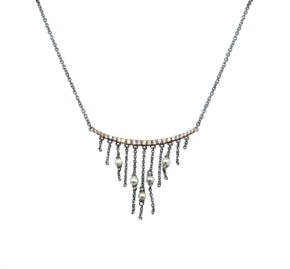 conjunto barrita rosada de piedras con cadenita y perlas colgantes