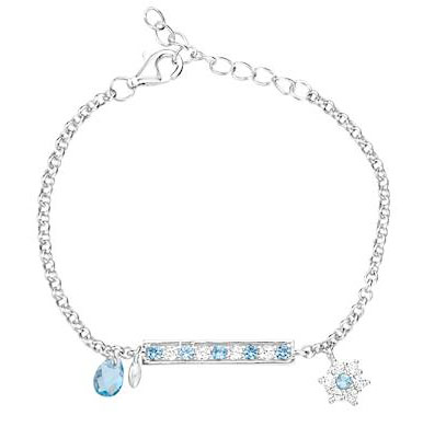 Pulsera cadenita con barra de piedras celestes y blancas, al centro, para nena