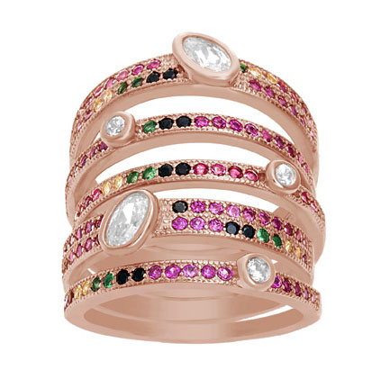 anillo ancho, 7 tiras, piedras multicolor, y piedras blancas rosado