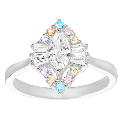 anillo oval piedra blanca con piedras multiculor, y baguettes a su alrededor
