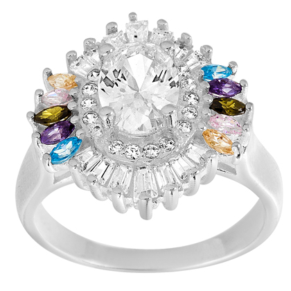 anillo piedra blanca central, baguettes y piedras multicolor a su alrededor