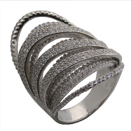 anillo alargado tiras de piedras cruzadas, blanco