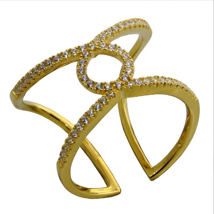 anillo abierto, cruzado, con piedras, amarillo