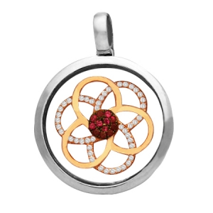 Colgante jubel, redondo, cristal, flor rosada piedras blancas y rosadas, rodio negro, con movimiento