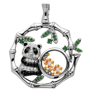 Colgante jubel, cristal, oso panda, ombu, piedras negras, blancas y verdes, flores rosadas con bolitas tricolor, movimiento 