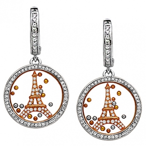 Par aros jubel, colgantes, cristal, torre rosada piedras blancas, bolitas tricolor, movimiento
