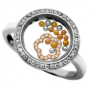 anillo jubel, cristal, flor rosada piedras , bolitas tricolor, movimiento