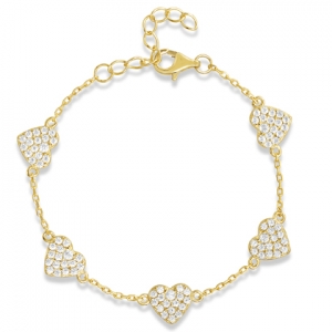 pulsera 5 corazones pave, amarilla 