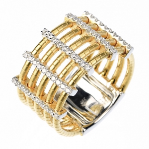 Anillo linea Premium, 5 filas de hilo retorcido, con 5 trabas de piedras cruzandolas, amarillo.