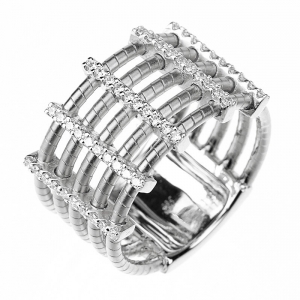 Anillo linea Premium, 5 filas de hilo retorcido, con 5 trabas de piedras cruzandolas, blanco