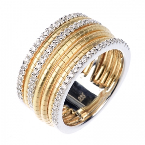 Anillo linea Premium, 4 filas de hilo retorcido, 3 filas de piedras, amarillo.