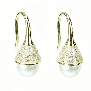 Par aros linea Premium, perla, pasante, colgante, con piedras por arriba, amarillos