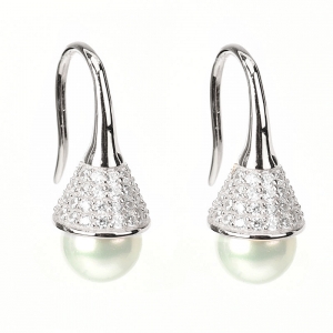 Par aros linea Premium, perla, pasante, colgante, con piedras por arriba, blancos