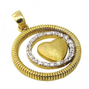 Colgante doble circulo, retorcido, y piedras blancas, con corazon satinado en el centro, amarillo
