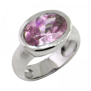 Anillo Class oval, platabella, apaisado, piedra rosa facetada