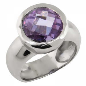 anillo Class redondo, platabella, piedra lila facetada