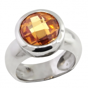 Anillo Class redondo, platabella, piedra champagne facetada