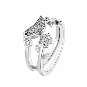 Anillo doble, pajarito y flor, piedras blancas, con movimiento