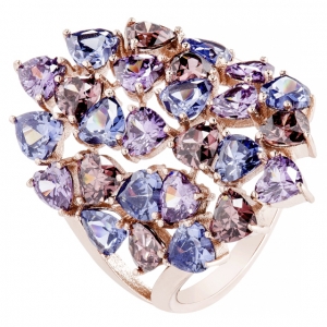 Anillo alargado, rosado, de piedras forma de corazon, color azul, violeta, y rosado