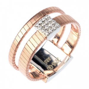 Anillo premium, doble hilo retorcido, con aplique cuadrado pavee, rosado