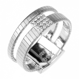 Anillo premium, doble hilo retorcido, con aplique cuadrado pavee, blanco