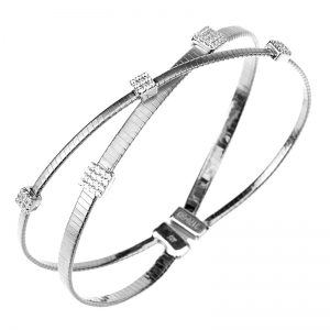 Pulsera linea premium, dos tiras de hilo retorcido, cruzadas, con apliques cuadrados pavee, blanco.