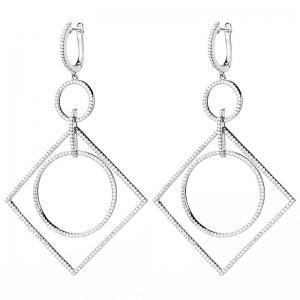 Par aros linea premium, colgantes, diseño rombo con doble circulo de piedras blancas, con movimiento, blanco