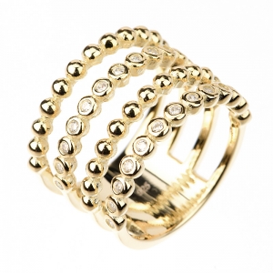 Anillo linea Premium, 4 filas, bolitas y piedras, tiras amarillas y blancas 