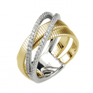Anillo linea premium, doble tira de hilo retorcido, y doble de piedras, cruzadas, amarillo