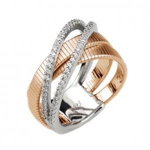 Anillo linea premium, doble tira de hilo retorcido, y doble de piedras, cruzadas, rosado