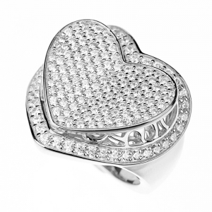 Anillo linea premium, corazon pavee, calado por debajo, blanco