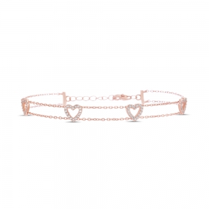 Pulsera doble cadenita, corazones, rosados, piedras blancas