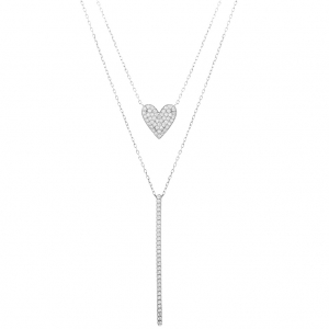 Conjunto doble cadena, corazon y barrita pavee, blanco