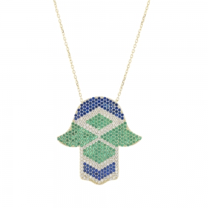 Conjunto manito pavee amarilla, con piedras azules, blancas y verdes