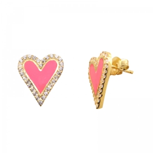 Par aros pegados, corazon, amarillos, con piedras blancas y esmalte rosado