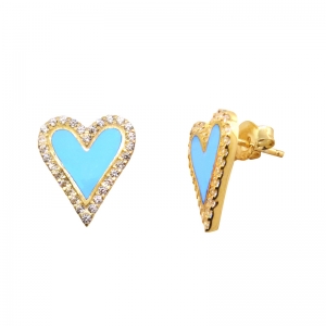 Par aros pegados, corazon, amarillos, con piedras blancas y esmalte rosado