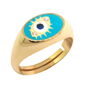 Anillo amarillo, ovalado, con ojito y esmalte turquesa