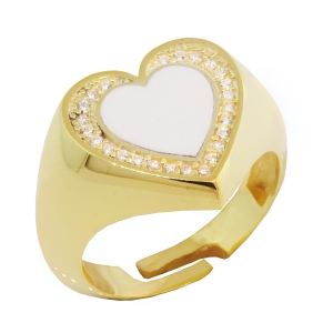 Anillo corazon amarillo, centro esmaltado blanco y piedras