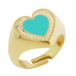 Anillo corazon amarillo, centro esmaltado turquesa y piedras